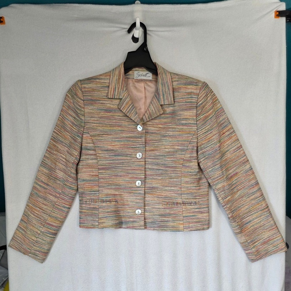 Soiree Handwoven Silk Blazer XS Multicolor Striped Cropped Jacket Professional